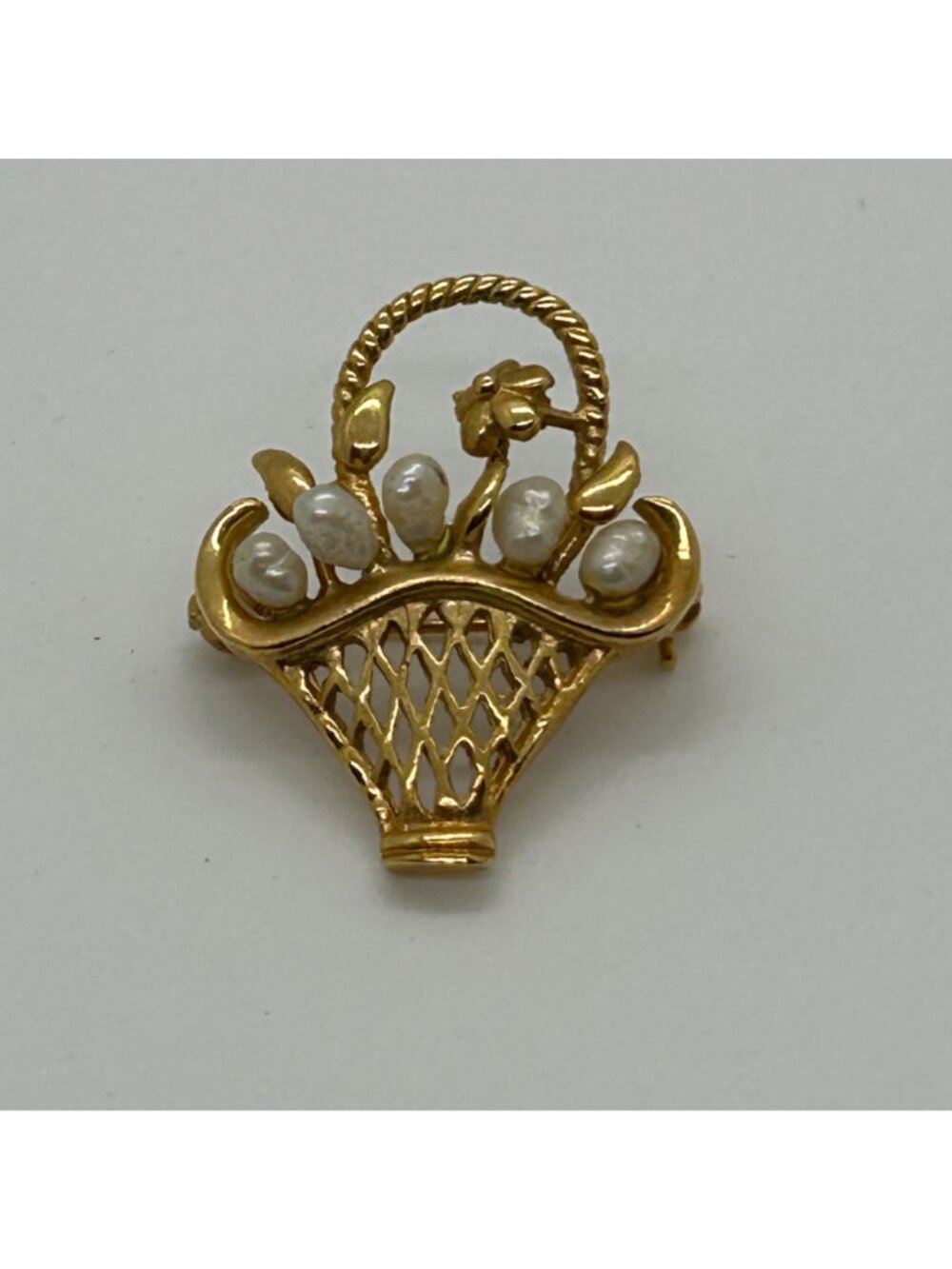 Vintage Gold-Tone Flower Basket Brooch Freshwater Pearl Filigree Retro Floral - Picture 3 of 10